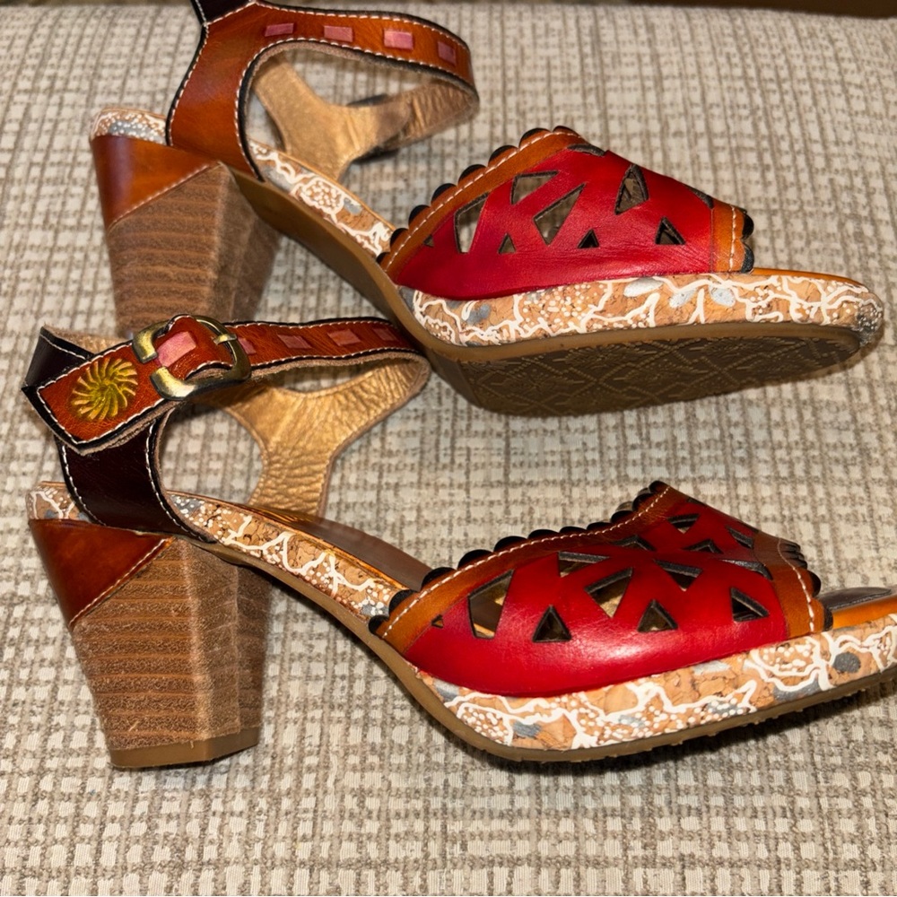Women’s Spring Step L’ARTISTE Leather Stacked Heel Sandals, size 40 US size 9